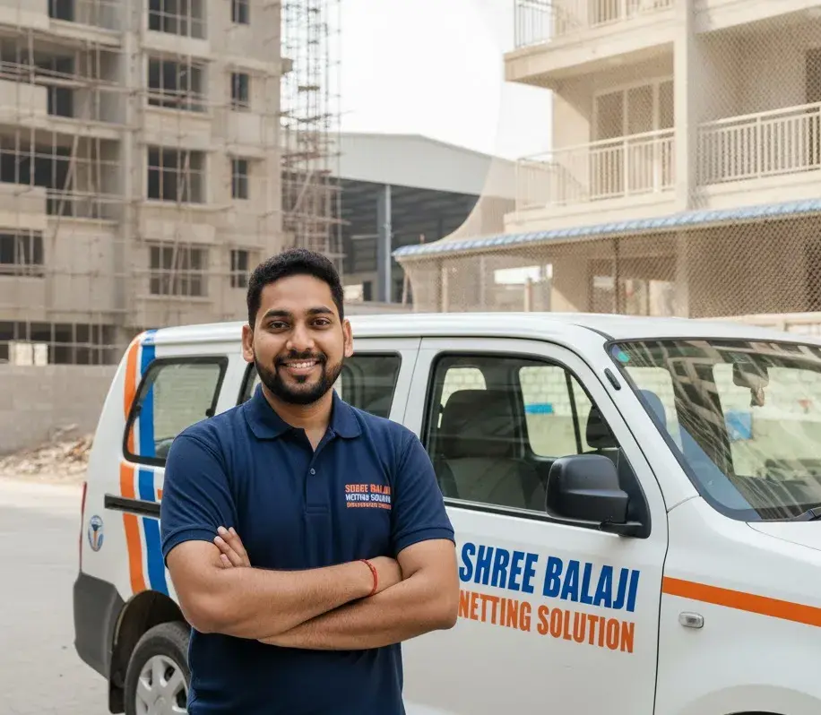 Technicians installing construction safety nets